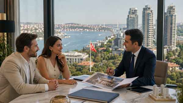Turkish passport with property investment documents overlooking Istanbul